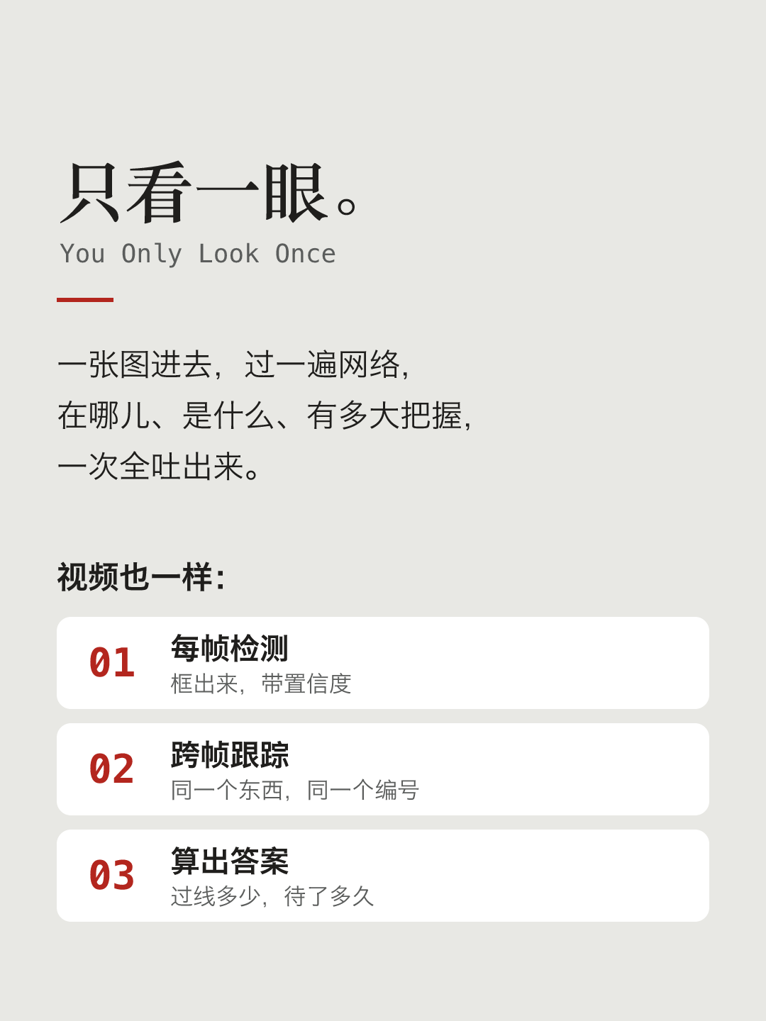 文字卡片:只看一眼。一张图进去,过一遍网络,在哪儿、是什么、有多大把握,一次全吐出来。下面是三个步骤:每帧检测、跨帧跟踪、算出答案:过线多少,待了多久。