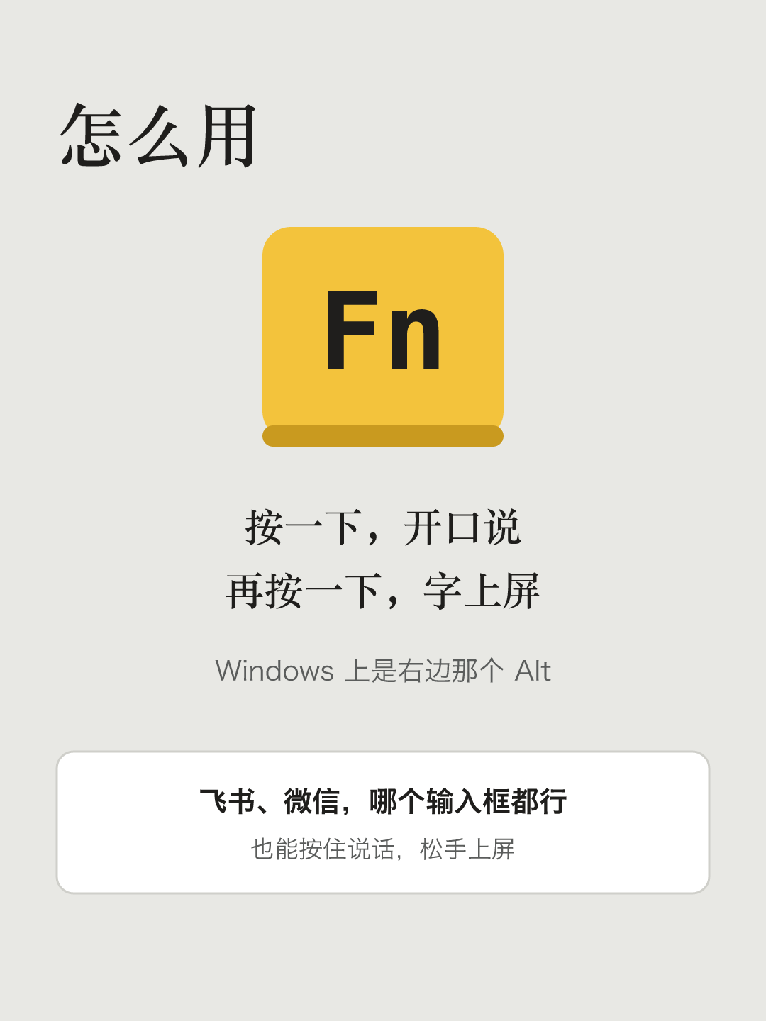 文字卡片“怎么用”:一个黄色的 Fn 键帽,下面写着:按一下,开口说;再按一下,字上屏。Windows 上是右边那个 Alt。飞书、微信,哪个输入框都行,也能按住说话,松手上屏。