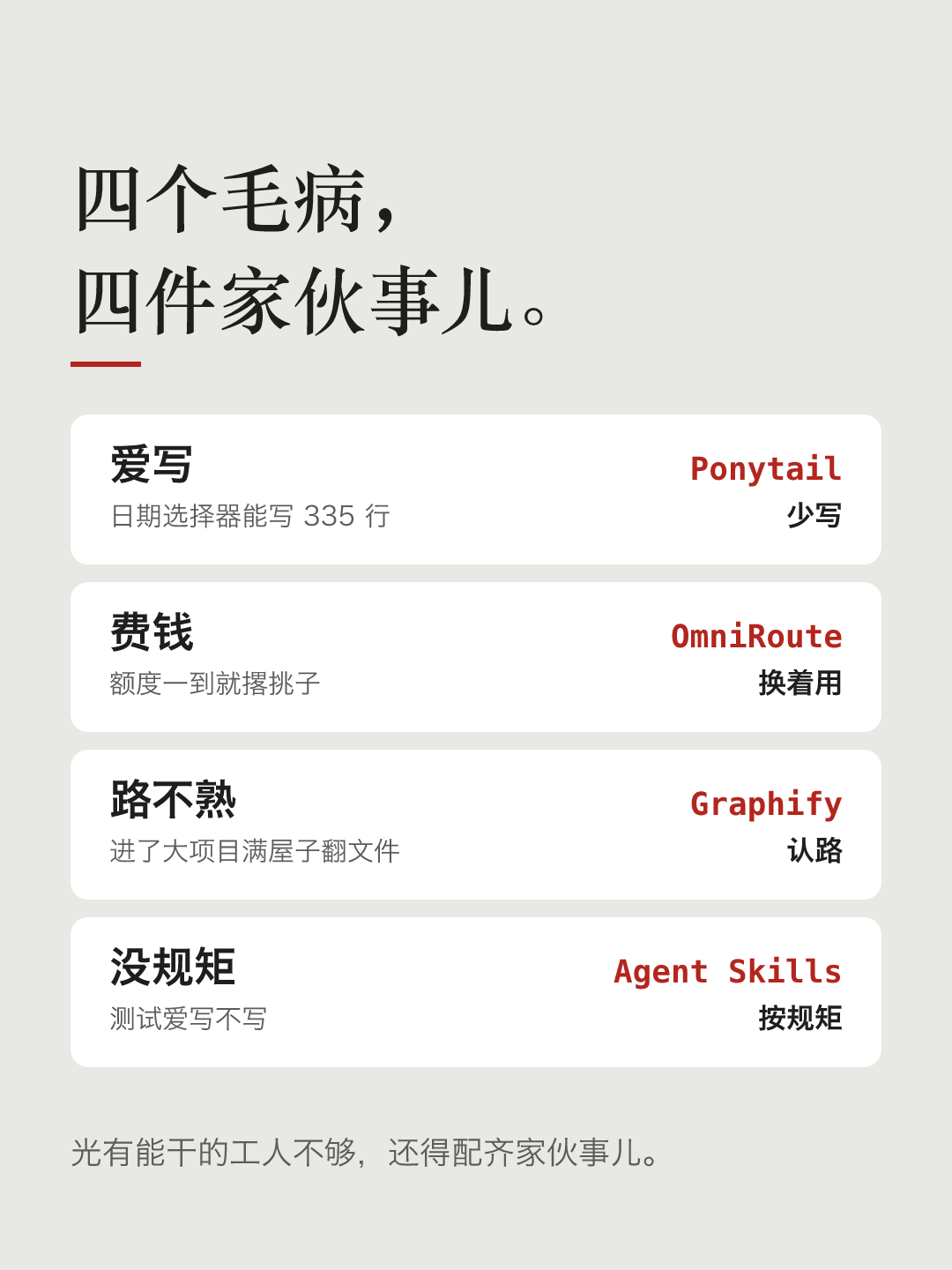 文字卡片:四个毛病,四件家伙事儿。爱写,日期选择器能写 335 行:Ponytail,少写。费钱,额度一到就撂挑子:OmniRoute,换着用。路不熟,满屋子乱翻文件:Graphify,认路。没规矩,测试爱写不写:Agent Skills,按规矩。